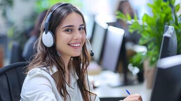 Cheerful Customer Service Manager Assisting Clients in the Office photo