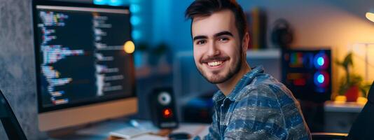 Cheerful Software Developer Working on Computer at Desk in Office photo