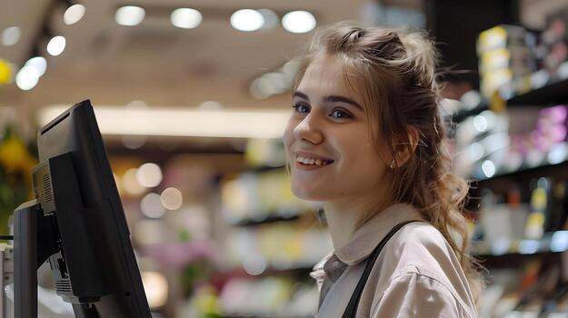 Cheerful Retail Worker Assisting Customer at Grocery Store Checkout Counter photo