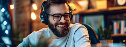 Cheerful Tech Expert Providing Friendly Customer Service in Modern Office Setting photo