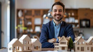 Cheerful Real Estate Broker Reviewing Residential Property Models in Office photo