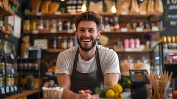 Cheerful Retail Worker Assisting Customers in a Well Store photo