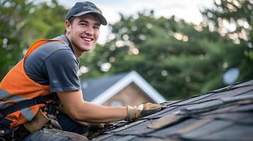 Cheerful Roofer Working Diligently on Roof Repairs and Renovations photo