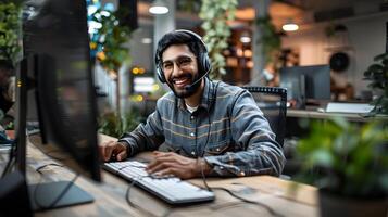 Cheerful Technical Support Specialist Focused on Computer Work in Contemporary Office photo
