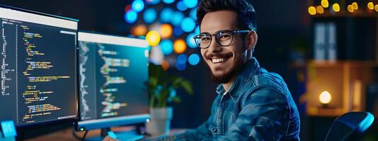 Cheerful Tech Professional Coding Away at Night photo