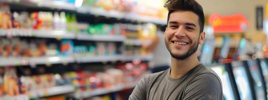 Cheerful Store Clerk Assisting Customers in Modern Retail Environment photo