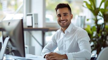 Cheerful Young Business Manager Working Diligently at His Desk in Modern Office Environment photo