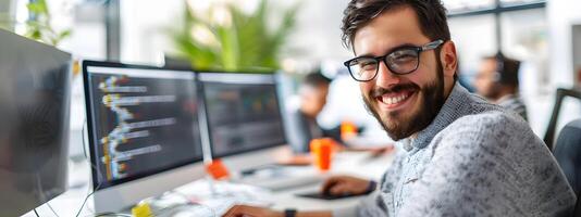 Cheerful Technical Specialist Focused on Computer Programming at Workplace photo