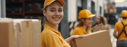 Cheerful Warehouse Worker Handling Shipment in Organized Logistics Environment photo