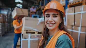 Cheerful Warehouse Worker Handling Shipment in Organized Distribution Center photo