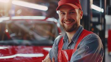 Cheerful Mechanic Proudly Displaying His Work in Automotive Repair Garage photo