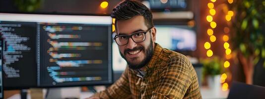 Cheerful Tech Professional Intently Coding at Workspace photo
