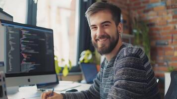 Cheerful Web Developer Coding at Computer in Modern Office photo