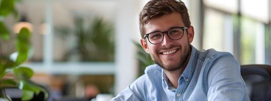 Cheerful Young Business Manager Smiling in Bright Office photo