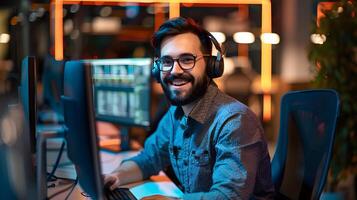 Cheerful Male Professional Collaborating on Computer in Cozy Office Setting photo