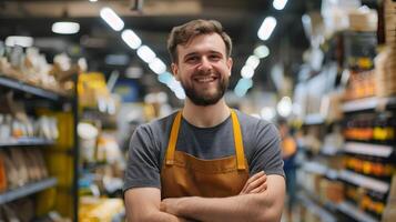 Cheerful Retail Worker Assisting Customers in Supermarket photo