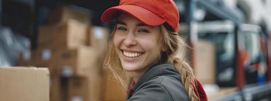 Cheerful Female Shipping and Receiving Staff Member Working in Warehouse Environment photo