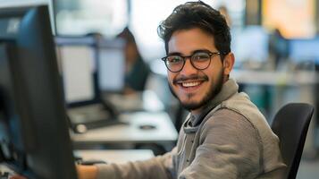 Cheerful Professional Focused on Workstation photo