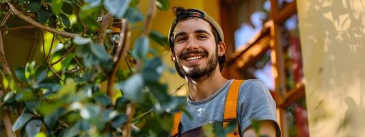 Cheerful Handyman Smiling Confidently While Working Outdoors in Nature photo