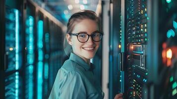 Cheerful Network Administrator Tending to Server Equipment in Modern IT Workspace photo