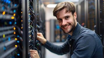 Cheerful Network Administrator Attentively Working on Server Setup in Workplace photo