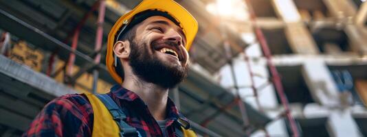 Bearded Construction Worker Wearing Yellow Hardhat Smiling on Job Site photo