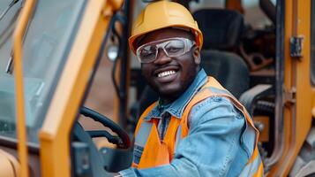 Cheerful Heavy Equipment Operator in Worksite Uniform and Safety Gear photo