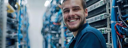 Cheerful Network Administrator Overseeing Servertech Infrastructure in Modern Data Center photo