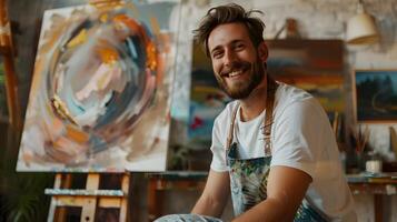 A Skilled and Passionate Young Painter Captured in His Creative Workspace Surrounded by the Tools and Vibrant Colors of His Craft photo