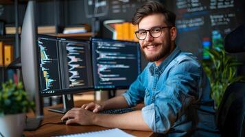 Cheerful Computer Programmer Working Diligently at His Desk photo