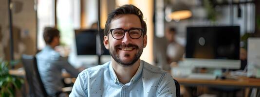 Cheerful Young Business Professional Working Productively at Desk in Modern Office Environment photo