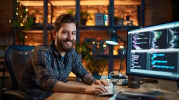 Cheerful Computer Programmer Diligently Coding at Desk in Cozy Workspace photo