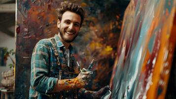 Cheerful Painter Engrossed in Vibrant Art Creation in Studio photo