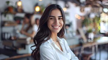 Cheerful Young Businesswoman Exuding Confidence and Charm in a Cozy Cafe Setting photo