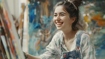 Cheerful Young Immersed in Creative Pursuit with Vibrant Brushstrokes on Canvas photo