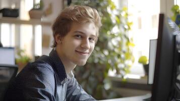 Cheerful Young IT Professional Smiling at His Desk in the Office photo