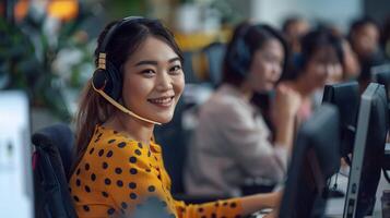 Cheerful Young Customer Service Representative Providing Assistance in a Dynamic Office Environment photo