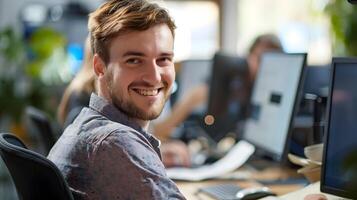 Cheerful Young Professional Diligently Engaged in Technological Work photo