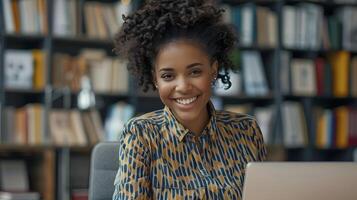 Cheerful Young Professional Browsing Books in Library photo