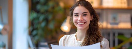 Cheerful Young Professional Enthusiastically Working at Her Desk photo