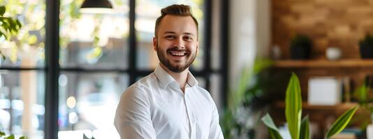 Cheerful Young Sales Manager Posing in Corporate Office Setting photo
