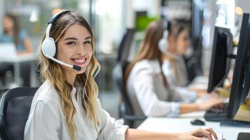 Cheerful Young Helpdesk Representative Assisting With Computer Issues photo