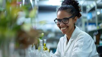 Cheerful Young Scientist Conducting Laboratory Experiments with Enthusiasm photo