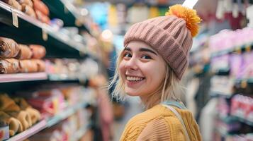 Cheerful Young Shopper Browsing Grocery Aisles in Supermarket photo