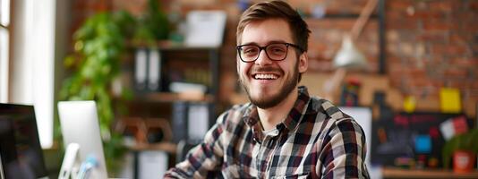 Cheerful Young Web Developer Enjoying Work in Cozy Home Office photo