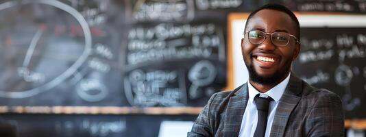 Confident African American Educator Stands Before Chalkboard in Classroom photo