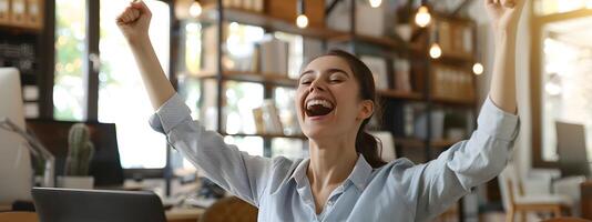Confident and Enthusiastic Young Business Leader Celebrating Success and Continuous Improvement in the Workplace photo