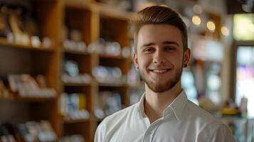 Confident and Friendly Sales Associate Assisting Customers in a Professional Setting photo