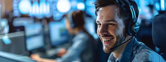 Cheerful Young Professional Providing Technical Support on Headset at Desk photo