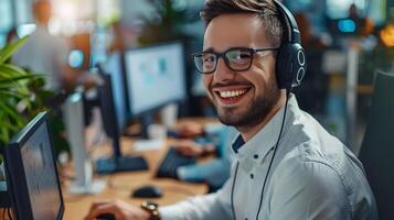 Cheerful Young Professional Utilizing Tech Equipment at Workstation photo